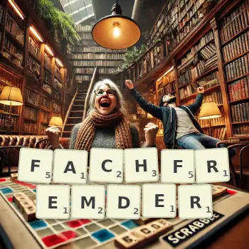 Kreative Illustration für ein Scrabble-Spiel, bei dem das Wort FACHFREMDER mit Steinen auf dem Brett gelegt wurde.