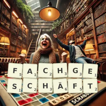 Kreative Illustration für ein Scrabble-Spiel, bei dem das Wort FACHGESCHÄFT mit Steinen auf dem Brett gelegt wurde.