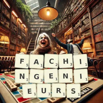 Kreative Illustration für ein Scrabble-Spiel, bei dem das Wort FACHINGENIEURS mit Steinen auf dem Brett gelegt wurde.