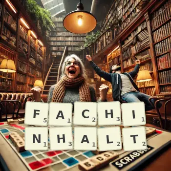 Kreative Illustration für ein Scrabble-Spiel, bei dem das Wort FACHINHALT mit Steinen auf dem Brett gelegt wurde.