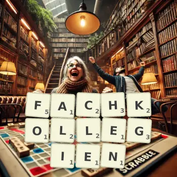 Kreative Illustration für ein Scrabble-Spiel, bei dem das Wort FACHKOLLEGIEN mit Steinen auf dem Brett gelegt wurde.