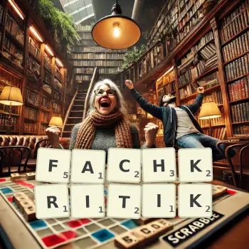 Kreative Illustration für ein Scrabble-Spiel, bei dem das Wort FACHKRITIK mit Steinen auf dem Brett gelegt wurde.