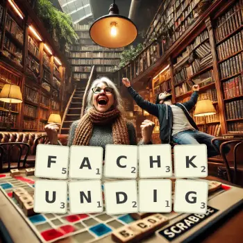 Kreative Illustration für ein Scrabble-Spiel, bei dem das Wort FACHKUNDIG mit Steinen auf dem Brett gelegt wurde.