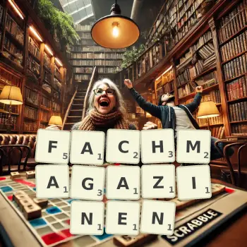 Kreative Illustration für ein Scrabble-Spiel, bei dem das Wort FACHMAGAZINEN mit Steinen auf dem Brett gelegt wurde.