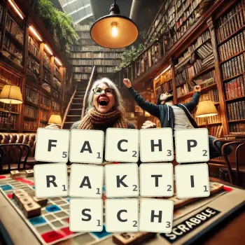 Kreative Illustration für ein Scrabble-Spiel, bei dem das Wort FACHPRAKTISCH mit Steinen auf dem Brett gelegt wurde.