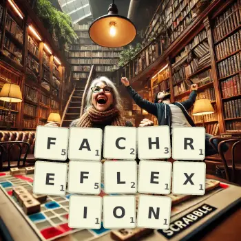 Kreative Illustration für ein Scrabble-Spiel, bei dem das Wort FACHREFLEXION mit Steinen auf dem Brett gelegt wurde.