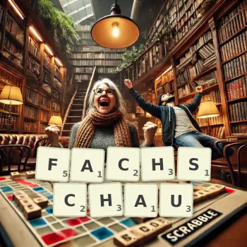 Kreative Illustration für ein Scrabble-Spiel, bei dem das Wort FACHSCHAU mit Steinen auf dem Brett gelegt wurde.