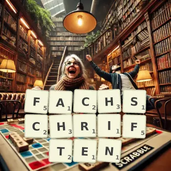 Kreative Illustration für ein Scrabble-Spiel, bei dem das Wort FACHSCHRIFTEN mit Steinen auf dem Brett gelegt wurde.