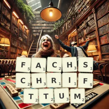 Kreative Illustration für ein Scrabble-Spiel, bei dem das Wort FACHSCHRIFTTUM mit Steinen auf dem Brett gelegt wurde.