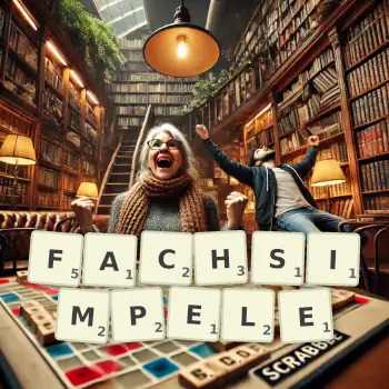 Kreative Illustration für ein Scrabble-Spiel, bei dem das Wort FACHSIMPELE mit Steinen auf dem Brett gelegt wurde.
