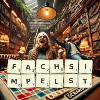 Kreative Illustration für ein Scrabble-Spiel, bei dem das Wort FACHSIMPELST mit Steinen auf dem Brett gelegt wurde.