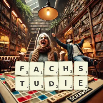 Kreative Illustration für ein Scrabble-Spiel, bei dem das Wort FACHSTUDIE mit Steinen auf dem Brett gelegt wurde.