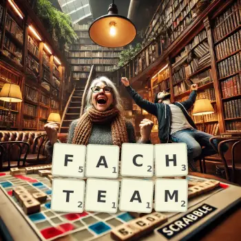 Kreative Illustration für ein Scrabble-Spiel, bei dem das Wort FACHTEAM mit Steinen auf dem Brett gelegt wurde.