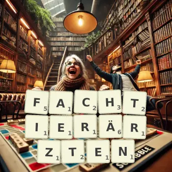 Kreative Illustration für ein Scrabble-Spiel, bei dem das Wort FACHTIERÄRZTEN mit Steinen auf dem Brett gelegt wurde.