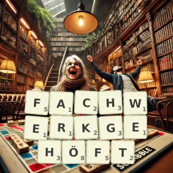 Kreative Illustration für ein Scrabble-Spiel, bei dem das Wort FACHWERKGEHÖFT mit Steinen auf dem Brett gelegt wurde.
