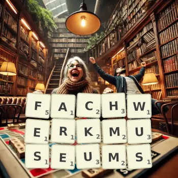Kreative Illustration für ein Scrabble-Spiel, bei dem das Wort FACHWERKMUSEUMS mit Steinen auf dem Brett gelegt wurde.