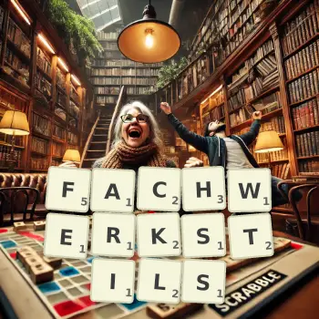 Kreative Illustration für ein Scrabble-Spiel, bei dem das Wort FACHWERKSTILS mit Steinen auf dem Brett gelegt wurde.