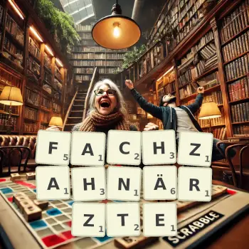 Kreative Illustration für ein Scrabble-Spiel, bei dem das Wort FACHZAHNÄRZTE mit Steinen auf dem Brett gelegt wurde.