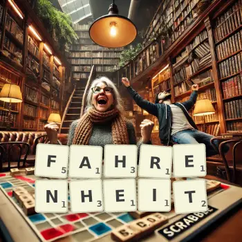 Kreative Illustration für ein Scrabble-Spiel, bei dem das Wort FAHRENHEIT mit Steinen auf dem Brett gelegt wurde.