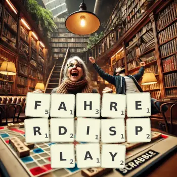 Kreative Illustration für ein Scrabble-Spiel, bei dem das Wort FAHRERDISPLAY mit Steinen auf dem Brett gelegt wurde.