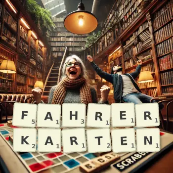 Kreative Illustration für ein Scrabble-Spiel, bei dem das Wort FAHRERKARTEN mit Steinen auf dem Brett gelegt wurde.