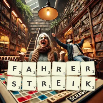 Kreative Illustration für ein Scrabble-Spiel, bei dem das Wort FAHRERSTREIK mit Steinen auf dem Brett gelegt wurde.