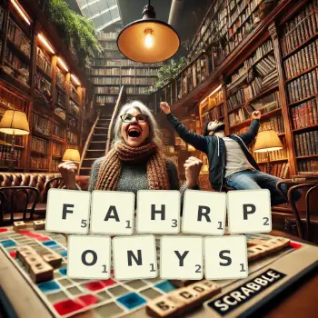 Kreative Illustration für ein Scrabble-Spiel, bei dem das Wort FAHRPONYS mit Steinen auf dem Brett gelegt wurde.