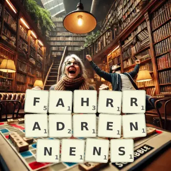 Kreative Illustration für ein Scrabble-Spiel, bei dem das Wort FAHRRADRENNENS mit Steinen auf dem Brett gelegt wurde.