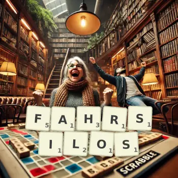 Kreative Illustration für ein Scrabble-Spiel, bei dem das Wort FAHRSILOS mit Steinen auf dem Brett gelegt wurde.