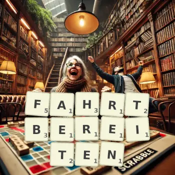 Kreative Illustration für ein Scrabble-Spiel, bei dem das Wort FAHRTBEREITEN mit Steinen auf dem Brett gelegt wurde.