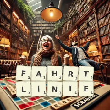 Kreative Illustration für ein Scrabble-Spiel, bei dem das Wort FAHRTLINIE mit Steinen auf dem Brett gelegt wurde.
