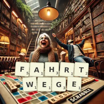 Kreative Illustration für ein Scrabble-Spiel, bei dem das Wort FAHRTWEGE mit Steinen auf dem Brett gelegt wurde.