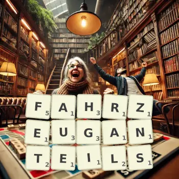 Kreative Illustration für ein Scrabble-Spiel, bei dem das Wort FAHRZEUGANTEILS mit Steinen auf dem Brett gelegt wurde.