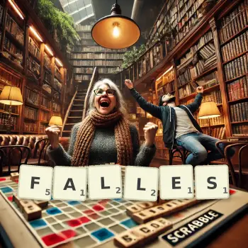 Kreative Illustration für ein Scrabble-Spiel, bei dem das Wort FALLES mit Steinen auf dem Brett gelegt wurde.
