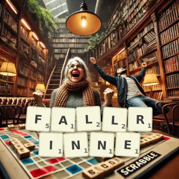 Kreative Illustration für ein Scrabble-Spiel, bei dem das Wort FALLRINNE mit Steinen auf dem Brett gelegt wurde.