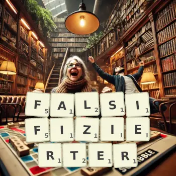 Kreative Illustration für ein Scrabble-Spiel, bei dem das Wort FALSIFIZIERTER mit Steinen auf dem Brett gelegt wurde.