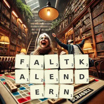 Kreative Illustration für ein Scrabble-Spiel, bei dem das Wort FALTKALENDERN mit Steinen auf dem Brett gelegt wurde.