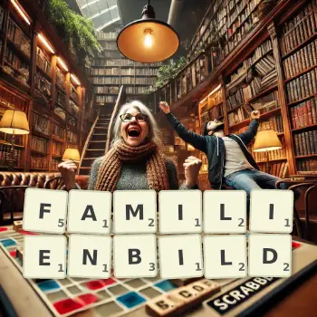 Kreative Illustration für ein Scrabble-Spiel, bei dem das Wort FAMILIENBILD mit Steinen auf dem Brett gelegt wurde.