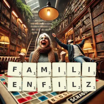 Kreative Illustration für ein Scrabble-Spiel, bei dem das Wort FAMILIENFILZ mit Steinen auf dem Brett gelegt wurde.
