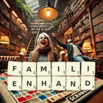 Kreative Illustration für ein Scrabble-Spiel, bei dem das Wort FAMILIENHAND mit Steinen auf dem Brett gelegt wurde.