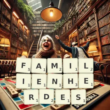 Kreative Illustration für ein Scrabble-Spiel, bei dem das Wort FAMILIENHERDES mit Steinen auf dem Brett gelegt wurde.