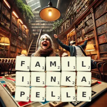 Kreative Illustration für ein Scrabble-Spiel, bei dem das Wort FAMILIENKAPELLE mit Steinen auf dem Brett gelegt wurde.