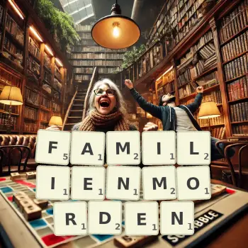Kreative Illustration für ein Scrabble-Spiel, bei dem das Wort FAMILIENMORDEN mit Steinen auf dem Brett gelegt wurde.