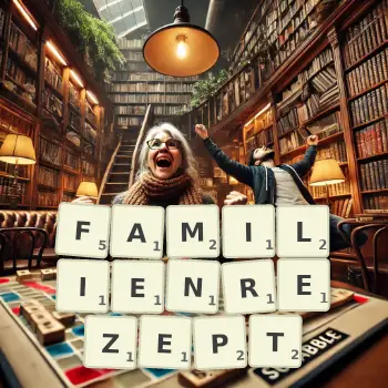 Kreative Illustration für ein Scrabble-Spiel, bei dem das Wort FAMILIENREZEPT mit Steinen auf dem Brett gelegt wurde.