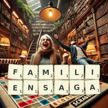 Kreative Illustration für ein Scrabble-Spiel, bei dem das Wort FAMILIENSAGA mit Steinen auf dem Brett gelegt wurde.