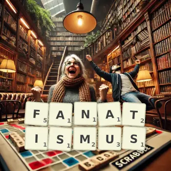 Kreative Illustration für ein Scrabble-Spiel, bei dem das Wort FANATISMUS mit Steinen auf dem Brett gelegt wurde.