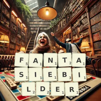 Kreative Illustration für ein Scrabble-Spiel, bei dem das Wort FANTASIEBILDER mit Steinen auf dem Brett gelegt wurde.