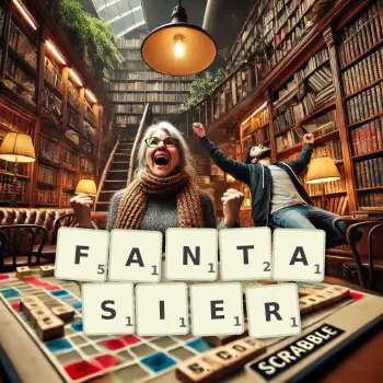 Kreative Illustration für ein Scrabble-Spiel, bei dem das Wort FANTASIER mit Steinen auf dem Brett gelegt wurde.
