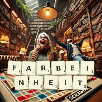 Kreative Illustration für ein Scrabble-Spiel, bei dem das Wort FARBEINHEIT mit Steinen auf dem Brett gelegt wurde.