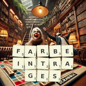 Kreative Illustration für ein Scrabble-Spiel, bei dem das Wort FARBEINTRAGES mit Steinen auf dem Brett gelegt wurde.